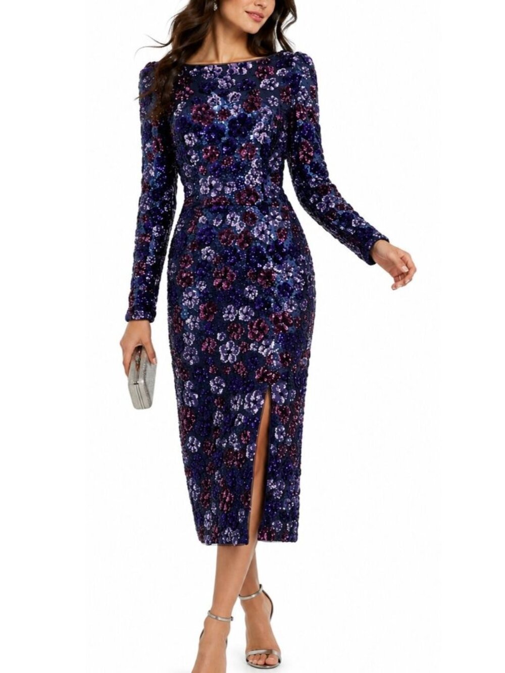 Marchesa Notte Floral Bouquets Sequin Cocktail Midi Dress